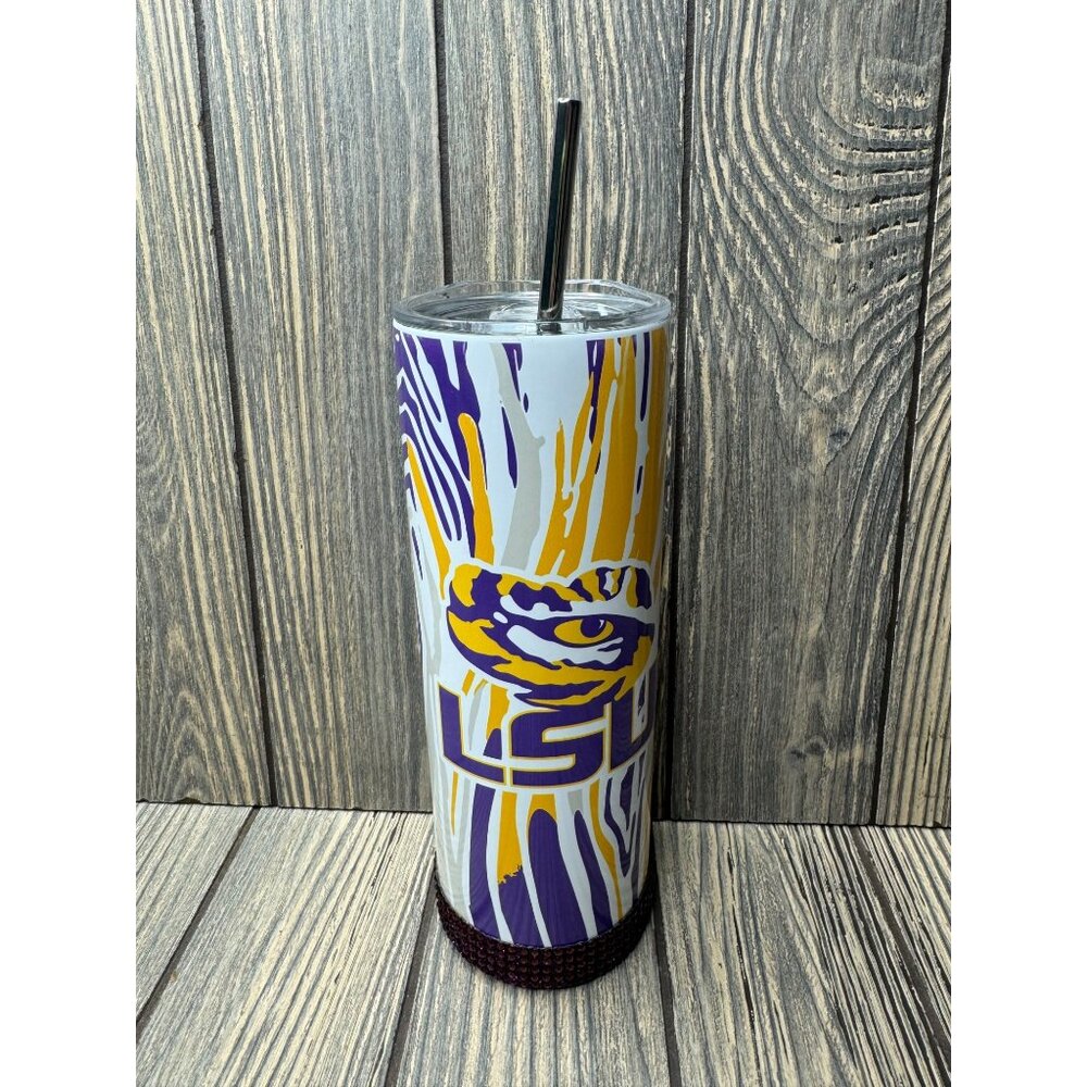 LSU Tiger Print Tumbler With Rhinestone Base & Lid